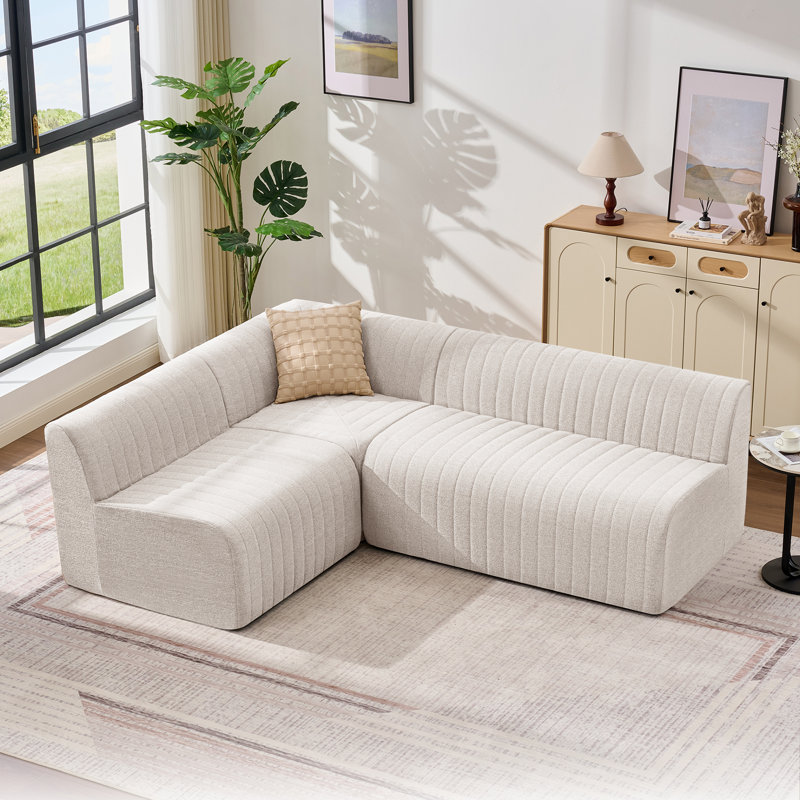 88" Wide Modular Upholstered L-Sectional Modern Chenille Channel Tufted Sofa Set Compression, Beige Chenille