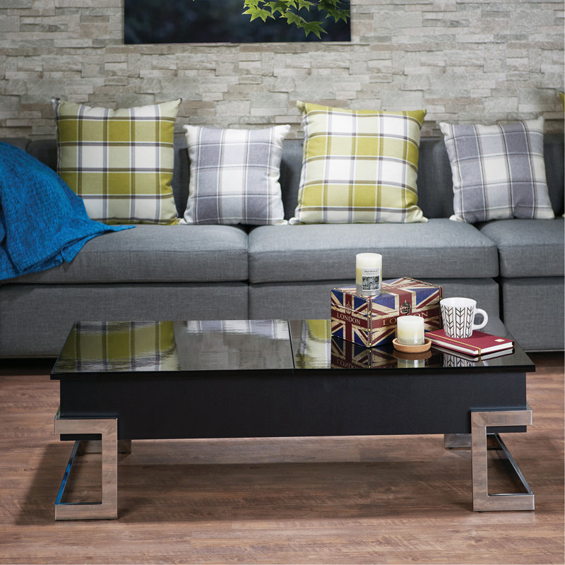 Table basse à plateau relevable noir lustré et chrome Calmam., Noir