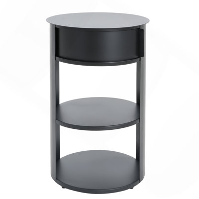 Indoor 3-Tier Metal Round Side Table With Sliding Door Cabinet, Matte Black