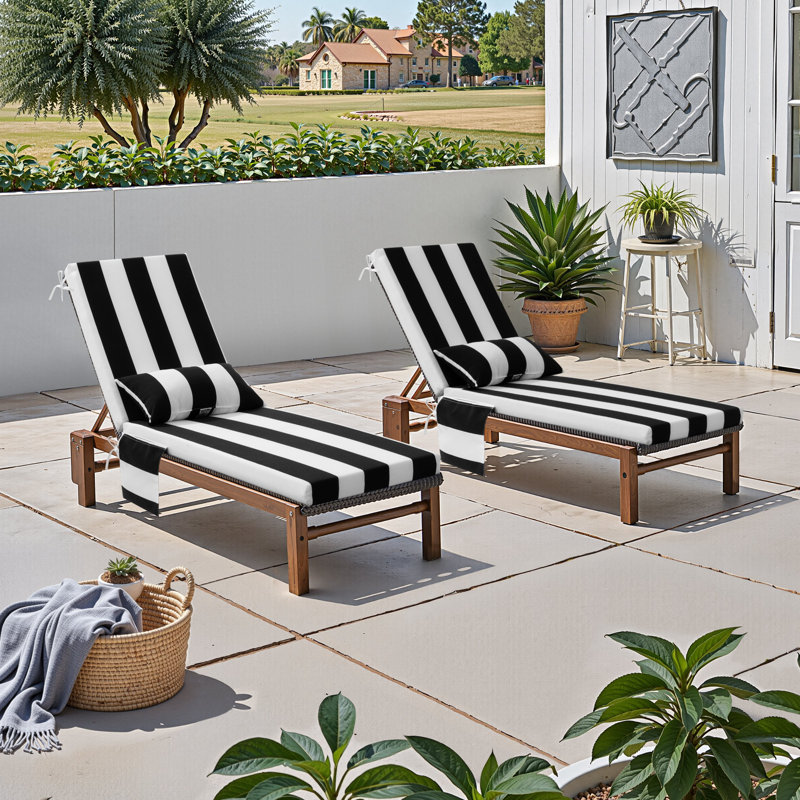 Outdoor Chaise Lounge Cushion with Pocket and Pillow, Black/White, 23'' W X 80'' D 