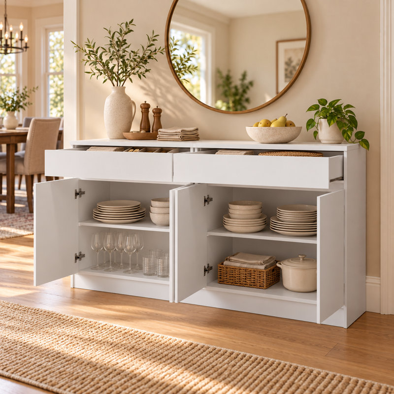 Buffet avec rangement, grande armoire de rangement avec 2 tiroirs et 4 portes, table basse en bois pour la salle à manger