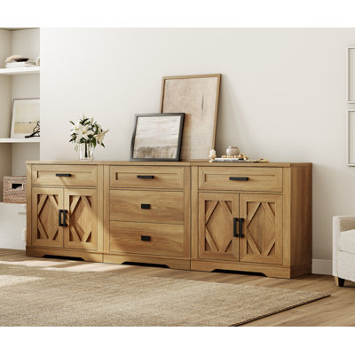 94.5"W Extra-Large Office Cabinet, 3-In-1 Farmhouse Storage Cabinet With 3 Drawers And Barn Door Compartment, Spacious Office Console With Media Shelves For Office, Bedroom,Walnut