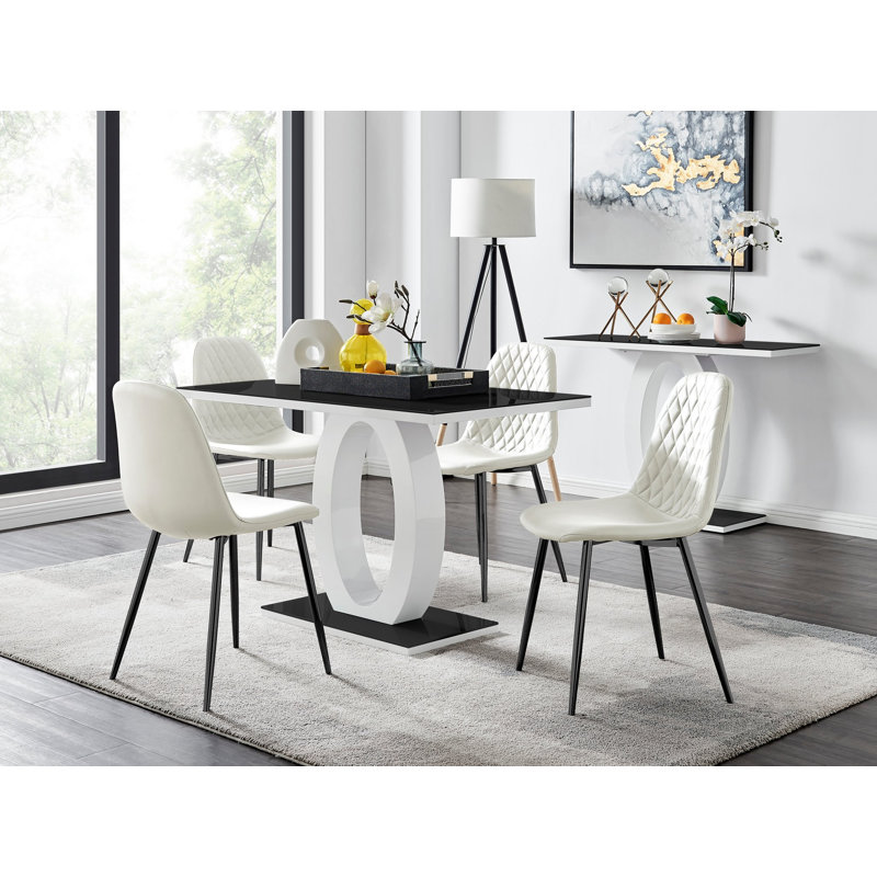 Scottsmoor Modern High Gloss & Glass Dining Table Set - 4 Scandi-Style Faux Leather Dining Chairs, White, Black