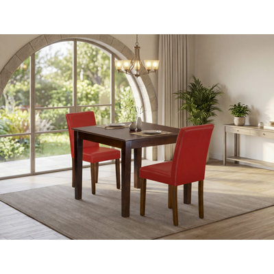 Ensemble de table de salle à manger moderne 5 pièces comprenant une table carrée en bois et 4 chaises de salle à manger Parson en similicuir rouge Firebrick, acajou