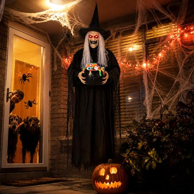 Sanwuta 6 ft Halloween Animated Witch with Light up Cauldron and Eyes, Creepy Hanging Decoration with Sound & Touch Activated, Scary Talking Witch Prop for Haunted House Indoor Outdoor Party Decor