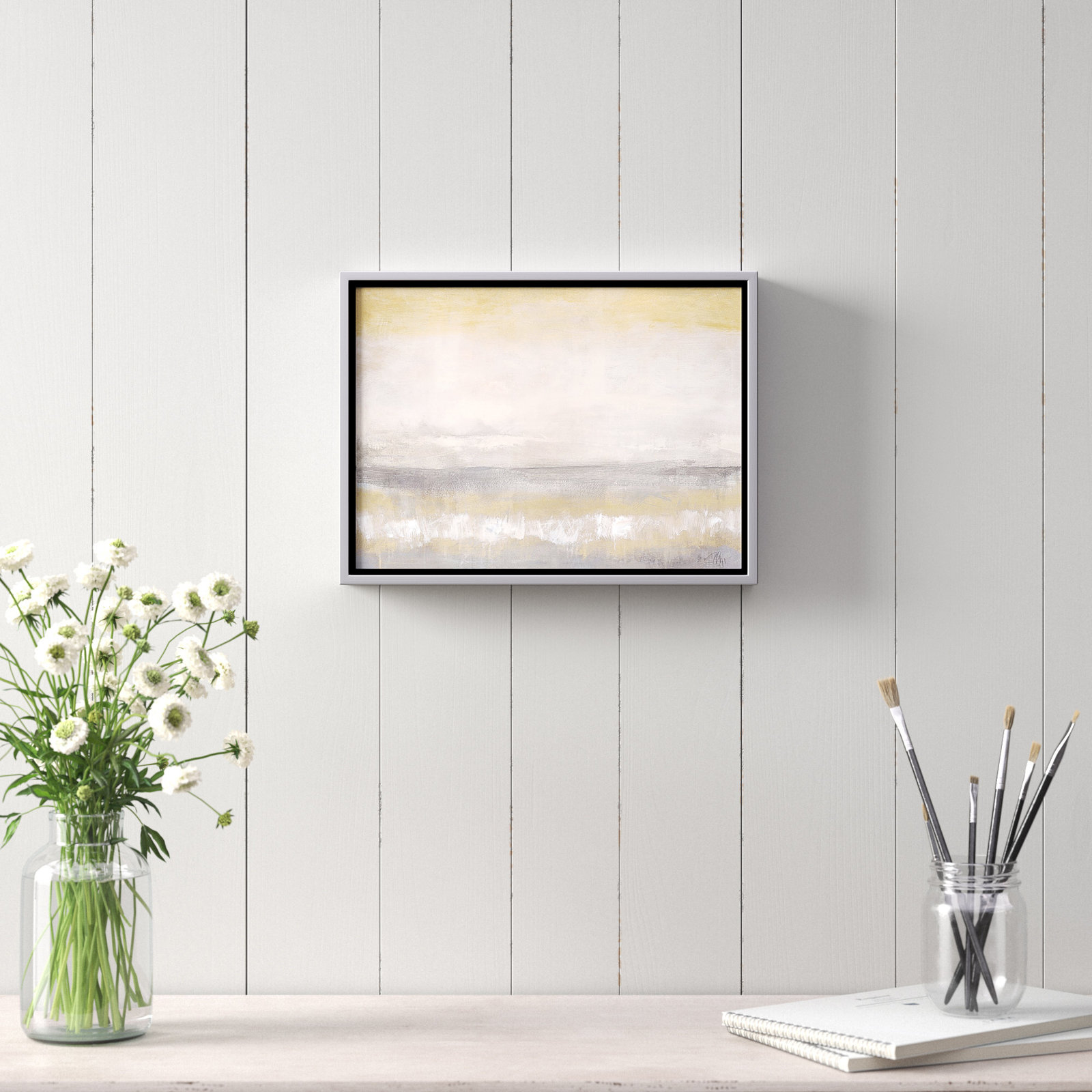 Willadeene "Morning Calm 2" Painting, 12" H x 16" W x 2" D, Silver Framed