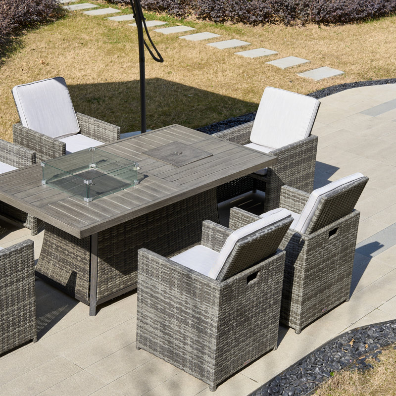 Moda 70 In. X 39 In. X 27 In. Rectangular Wicker Outdoor Gas Fire Pits Dining Setx