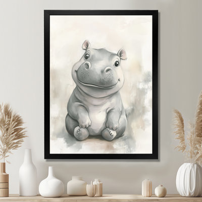 Little Hippo in Soft Light II - Gray Baby Animal Picture Framed Wall Art