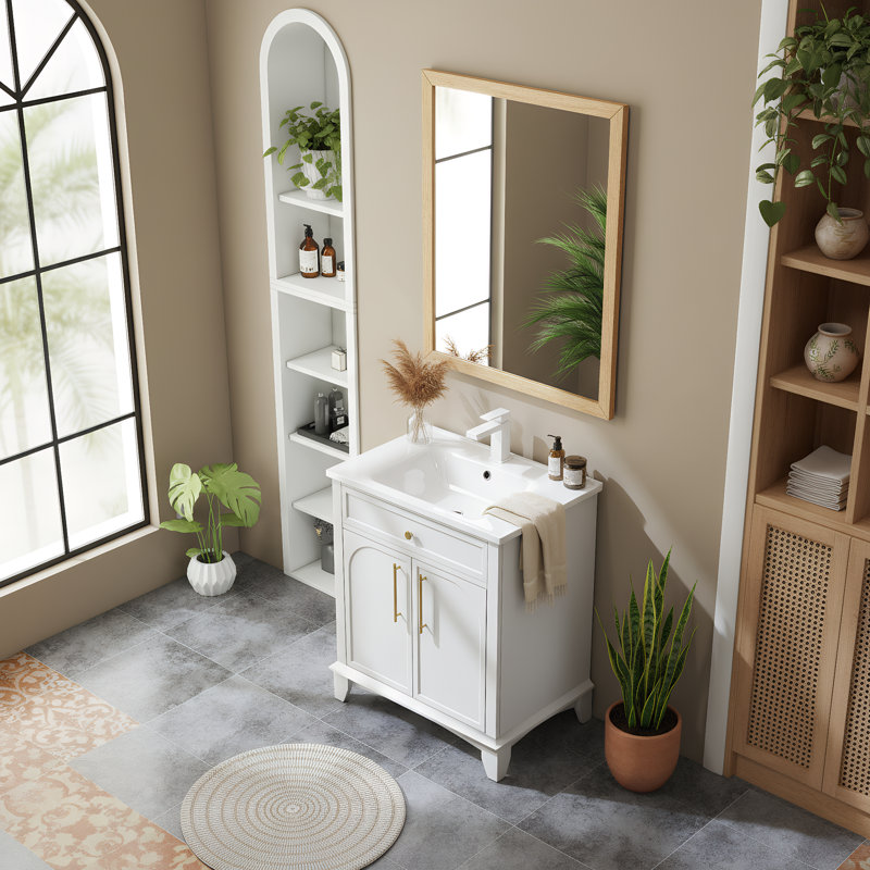 Meuble-lavabo moderne 28 po avec tiroirs et poignées en métal, Blanc