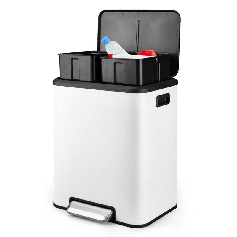Stainless Steel Step On Multi-Compartment Trash/Recycling Bins - 8 Gallons, White