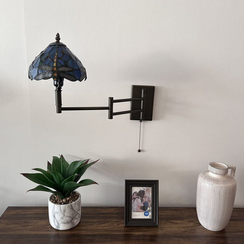 Tiffany Sconce Lamp Swing Arm Stained Glass Dragonfly Pull Chain Switch 13”W*8”D*15”H, Blue