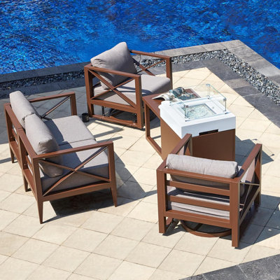 Ensemble de conversation d'extérieur en aluminium pour 4 chaises avec table de foyer d'extérieur de 37 000 BTU et chaises berçantes pivotantes, toutes saisons, parfaites pour la piscine, le balcon ou le jardin