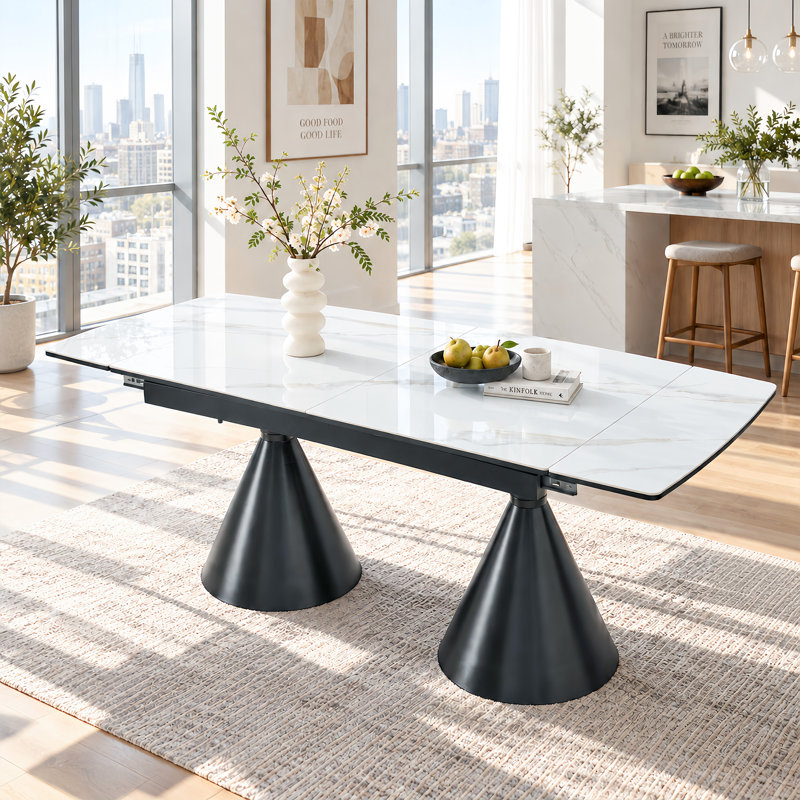 Table de salle à manger extensible avec plateau en dalle de pierre aspect marbre et double pied central