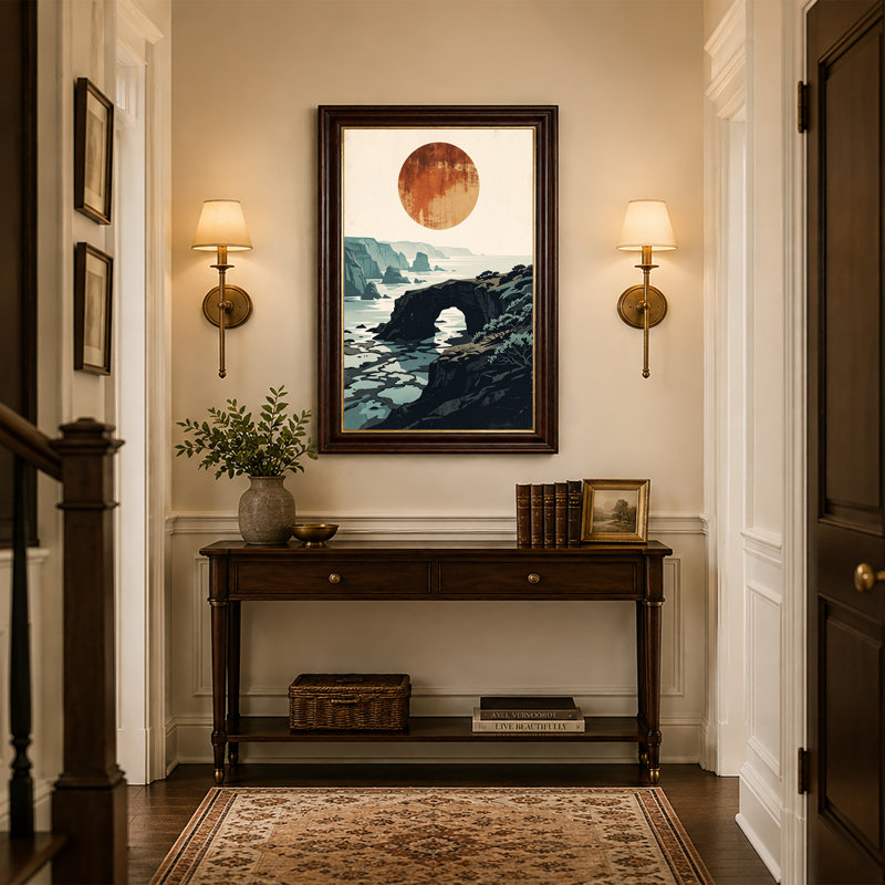 Art mural rétro sur toile de roche côtière et grand soleil rouillé orange, H 24 po x l 16 po