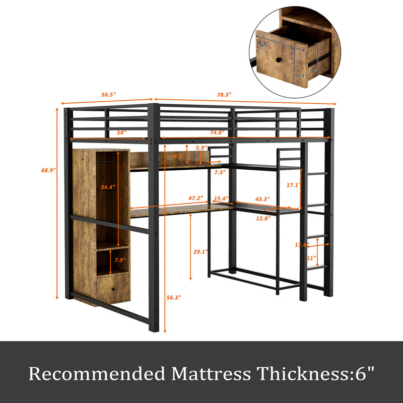 Lit mezzanine double en métal avec garde-robe intégrée, tiroir, bureau et tablettes