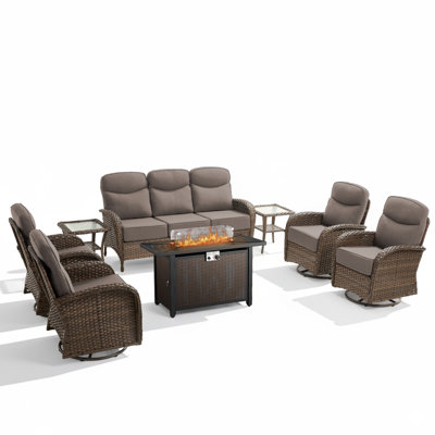 7 - Person Fire Pit Outdoor Wicker Conversation Furniture Set With 6" Cushions, 55,000 BTU Propane Table