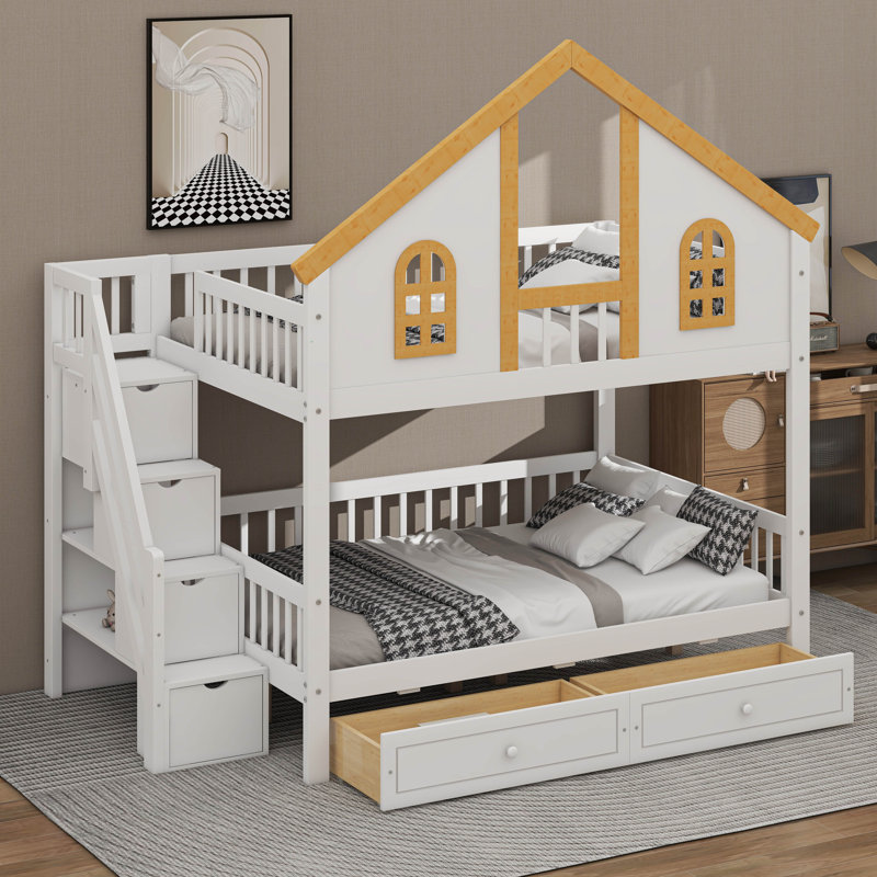 Lit superposé en bois avec escalier et tiroirs Designs, lit superposé avec fenêtre et toit Designs, Lit double