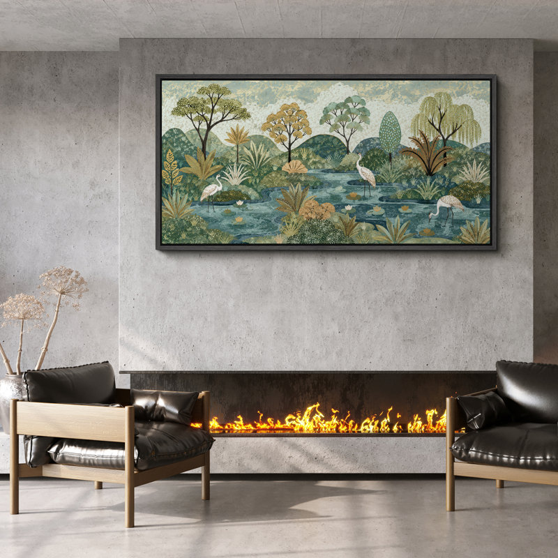 «Serene Garden Pond Landscape with Cranes And Lush Greenery», impression murale sur toile encadrée, Noir