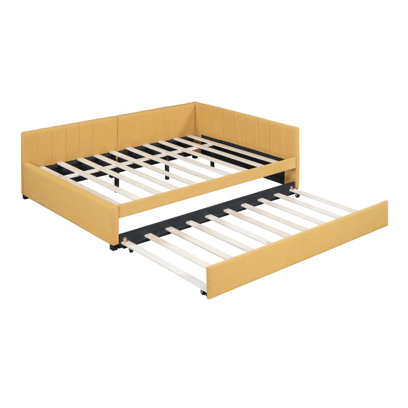 Lit de jour moderne tapissier double avec gigogne simple, structure de canapé-lit en lin sans sommier tapissier pour chambre d'amis