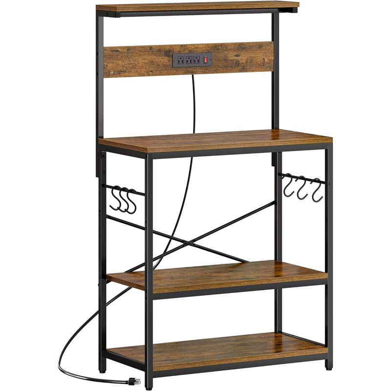Rustic Brown Baker's Rack with Power Outlets and Hooks