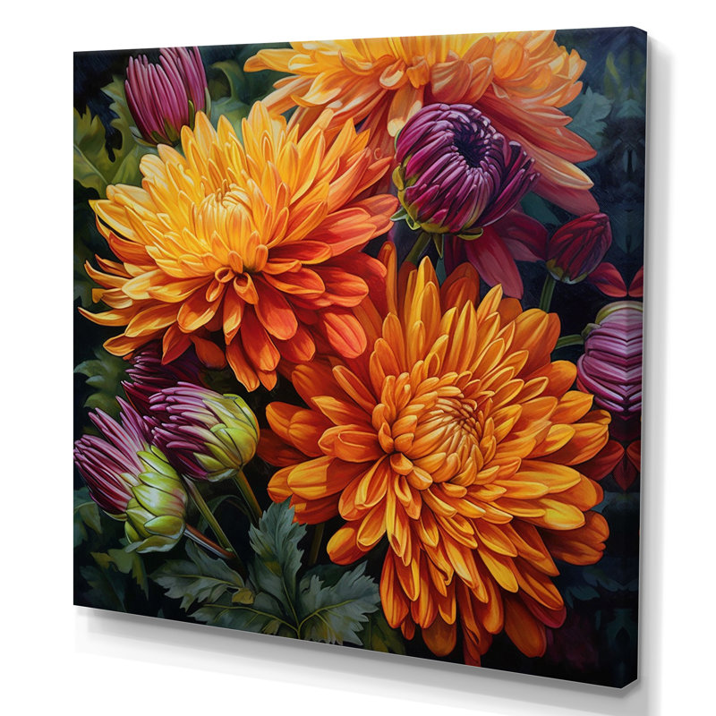 Orange mamans mauves en fleurs sur toile, H 16 po x l 16 po x P 1 po, Toile tendue