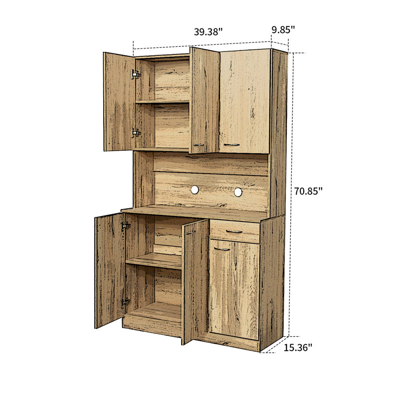 Springlake Freestanding Tall Dining Hutch Sideboard with Cable Management Holes - 4 Cabinets and a Drawer, Oak