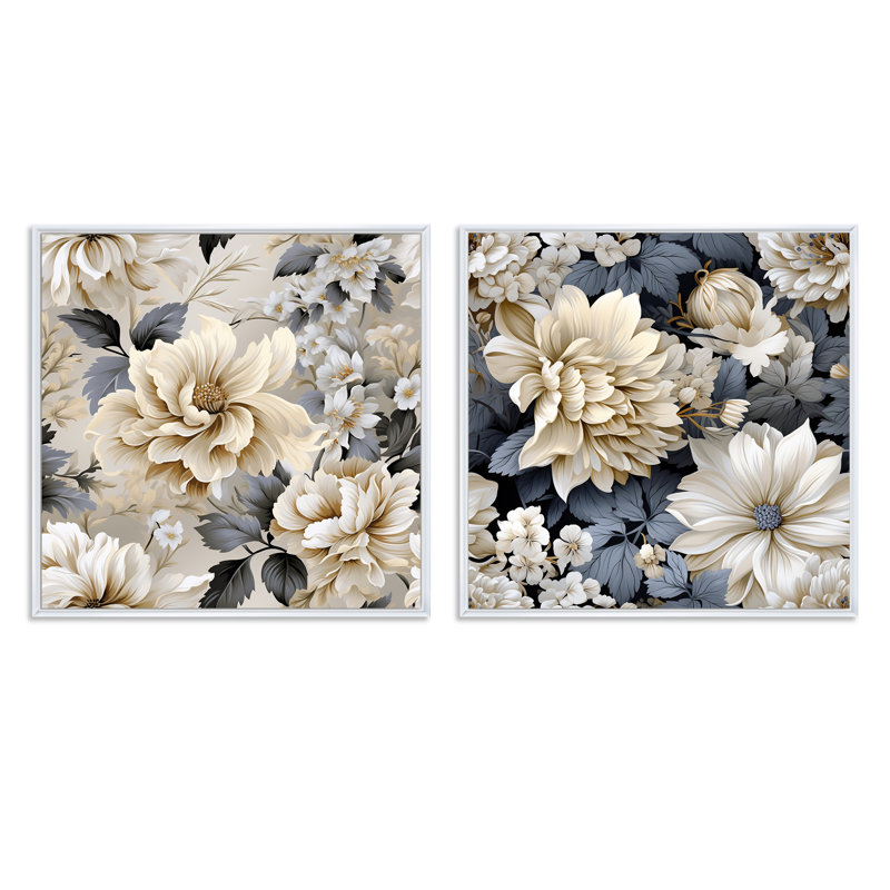 Shelbie - Ensemble de 2 collages floraux carrés, Cadre flottant blanc, H 36 po x l 73 po