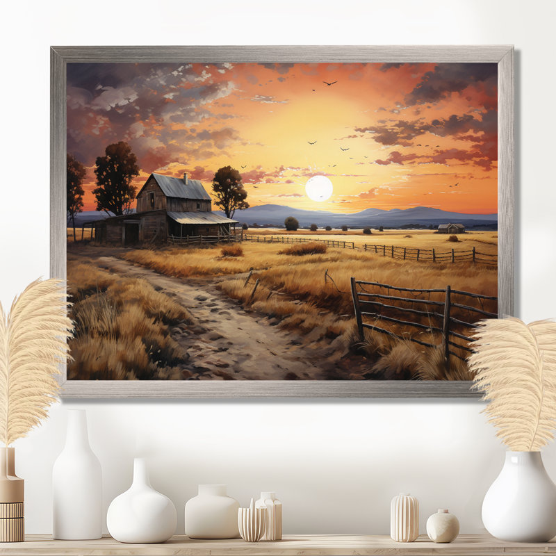 Paysage de grange au crépuscule IV - Art mural de grange pour le salon, H 30 po x l 40 po, Cadre photo unique, Argent argent