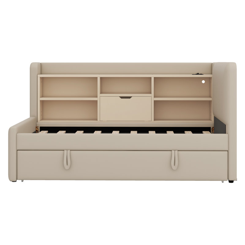 Upholstered Daybed With Trundle, Storage Shelves, USB & Outlet, Beige
