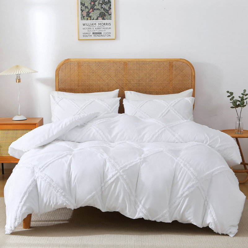Solayne Boho Tufted Duvet Cover Set – Textured Geometric Pattern, Corner Ties & Zipper Closure, White