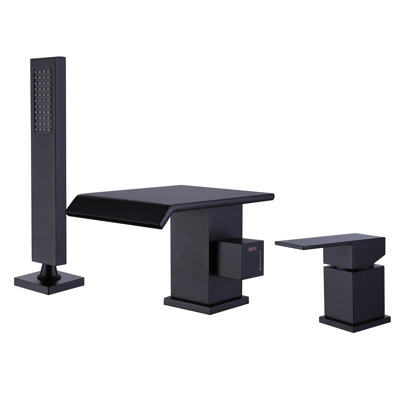 Robinet de baignoire cascade monté sur le pont avec douche à main Robinet de baignoire 3 trous à poignée simple Robinet de baignoire noir mat en laiton avec valve