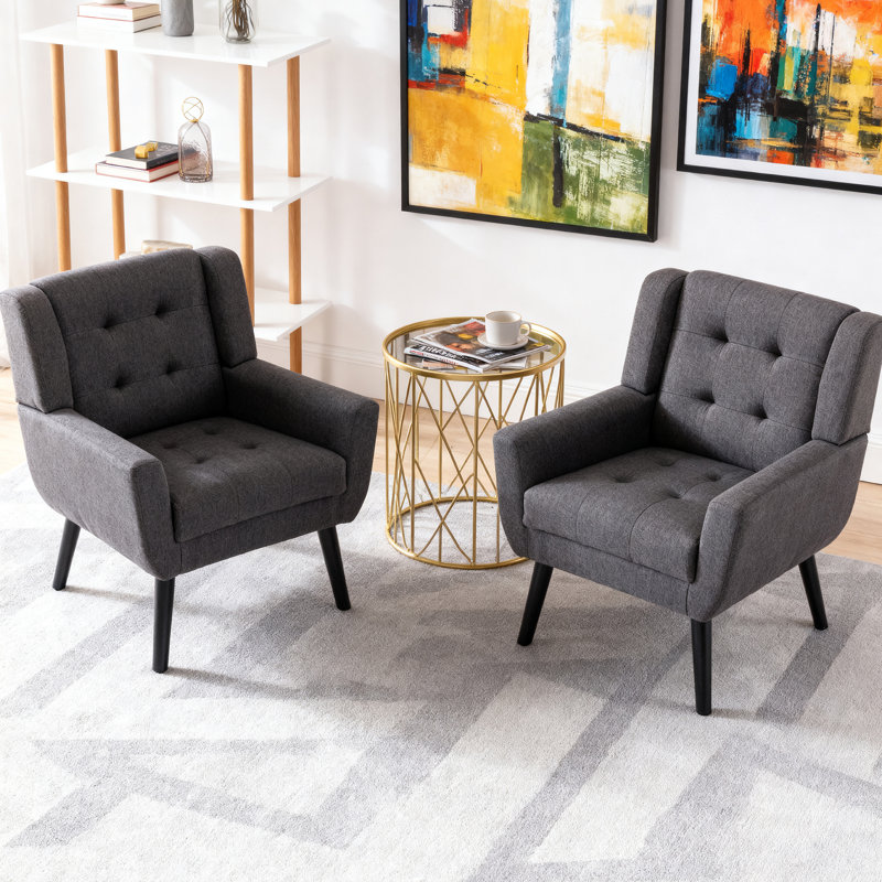 Tufted Upholstered Wide Back Armchair（Set of 2）, Dark Gray Linen Blend