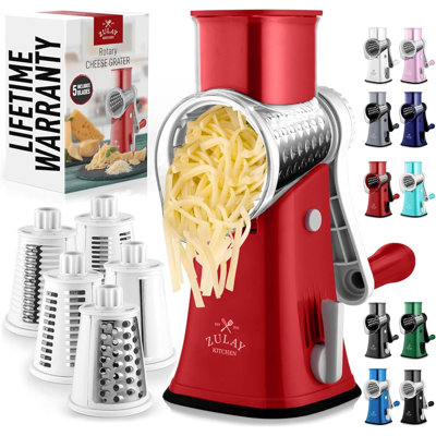Zulay Kitchen Rotary Cheese Grater with 5 Stainless Steel Blades and Suction Base
