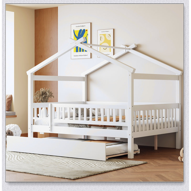 Wooden House Bed With Trundle, White