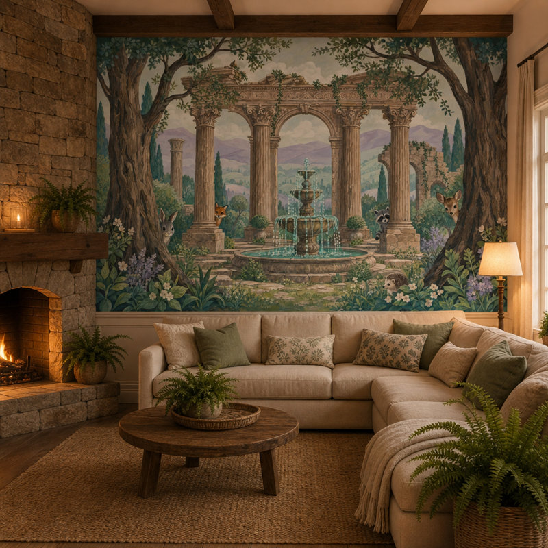 Papier peint jardin méditerranéen ruines classiques, animaux des bois, 140 po x 108 po, Texturé non collé