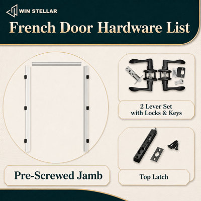 Portes françaises intérieures à 2 panneaux à âme creuse, comprenant la quincaillerie noire mate : poignée de porte avec serrure, loquet et charnières, préfinies et imperméables, pour garde-manger, chambre, salle de bain et placard, teinture facile à appliquer soi-même, 152 cm x 203 cm