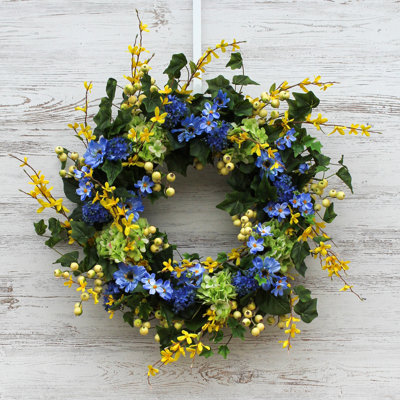 Green Hydrangea, Forsythia, Blue Cosmos & Berry Spring Wreath
