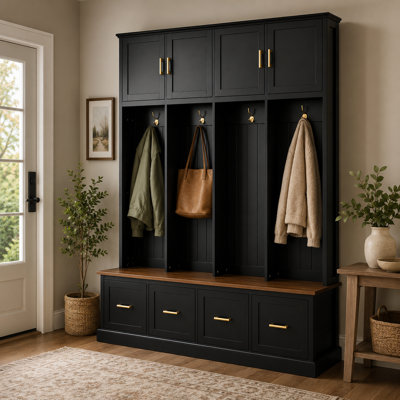 Farmhouse Entryway Hall Tree with Coat Hooks, Upper Cabinets, Drawers & Open Cubbies, Freestanding Mudroom Storage Organizer with Two-Tone Finish for Entryway, Hallway, Foyer