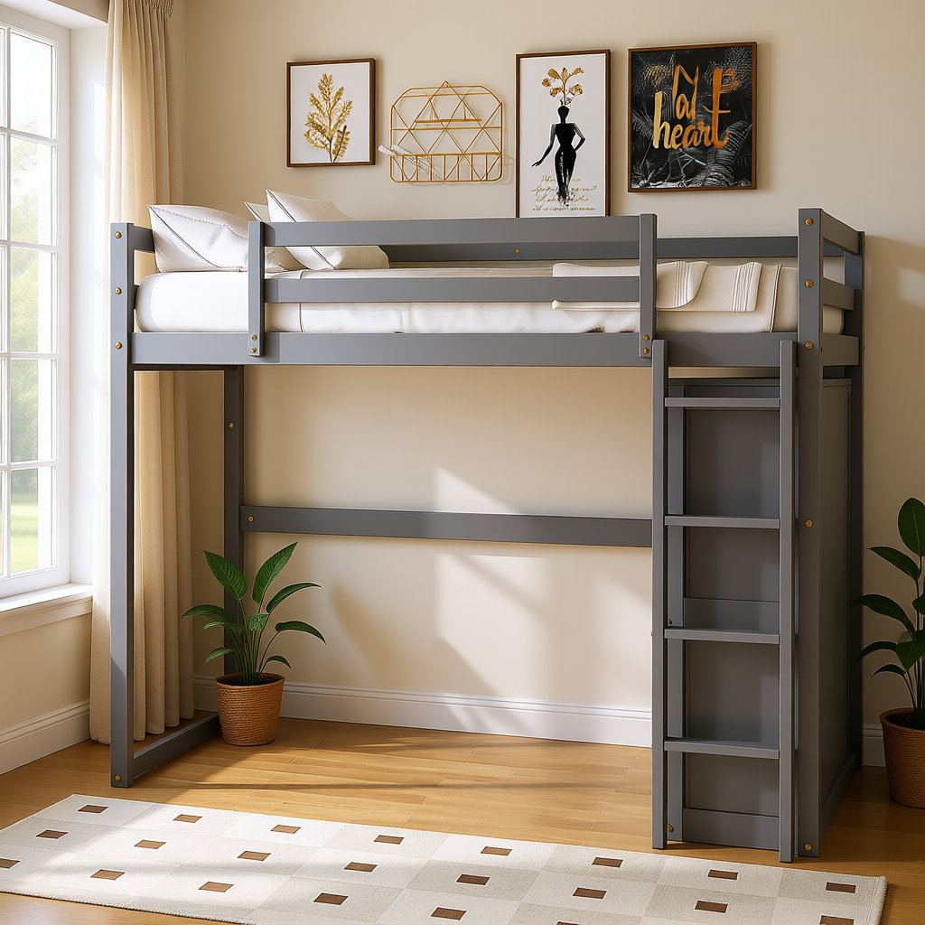 Latitude Run® Full Size Wood Loft Bed with Built-In Wardrobe, 4-Tier ...