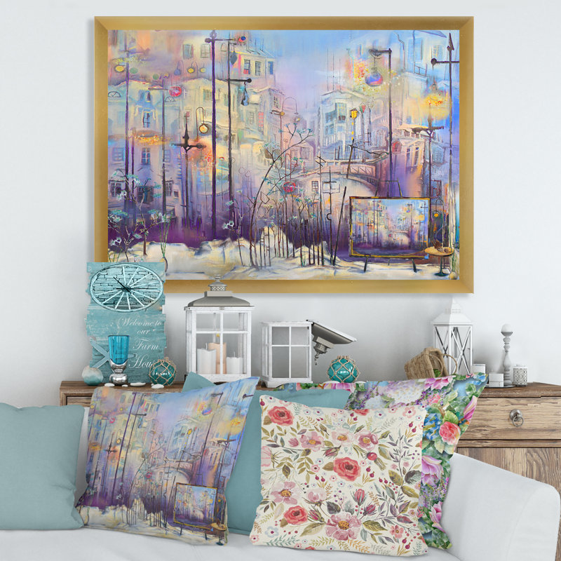 Paysage urbain pastel abstrait - peinture sur toile, Encadrement doré, H 16 po x l 32 po x p 1 po