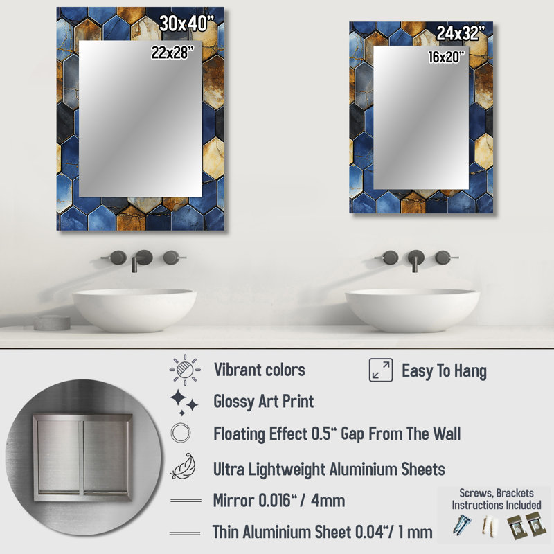 Grey And Blue Hexagone Symmetry - Geometric  Mirror, Geometric Unique Wall Mirror, Printed Metal Art, 32" x 24"