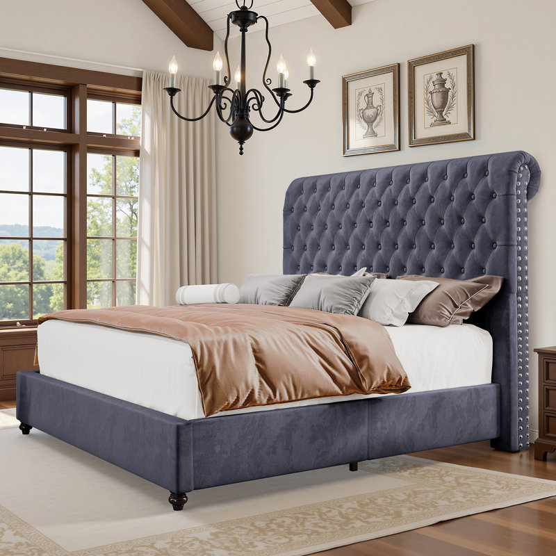 Jamileth King Upholstered Sleigh Bed with Tall Button-Tufted Headboard and Nailhead Trim, Silver Gray, King, Silver Gray