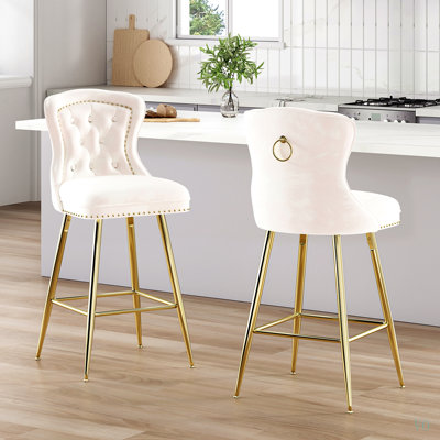 Ensemble de 2 tabourets de bar, tabourets de bar à hauteur de comptoir en velours avec pieds en métal, garniture capitonnée et têtes de clous, chaises de bar à oreilles pour le pub de l'îlot de cuisine