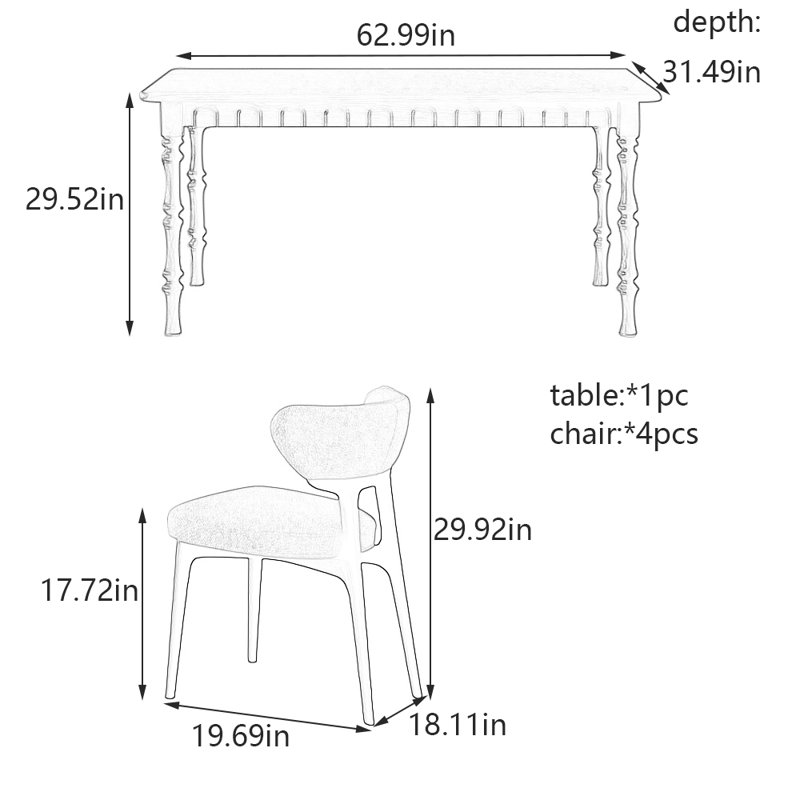 Ensemble de table et chaises de salle à manger Vintage, 29.52" H x 31.49" W x 62.99" L