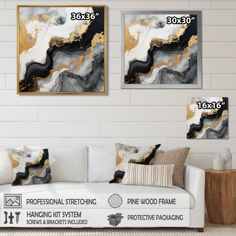 «Glam Gold Flows» - art mural marbre, Toile avec cadre flottant brun, H 16 po x l 16 po x P 1 po
