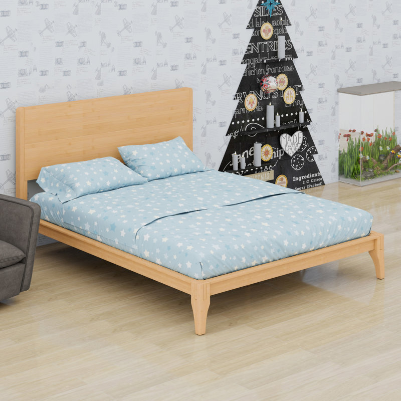 Lit plateforme en bois de bambou de style Mid-Century avec support en lattes de bois, Lit double, Naturel