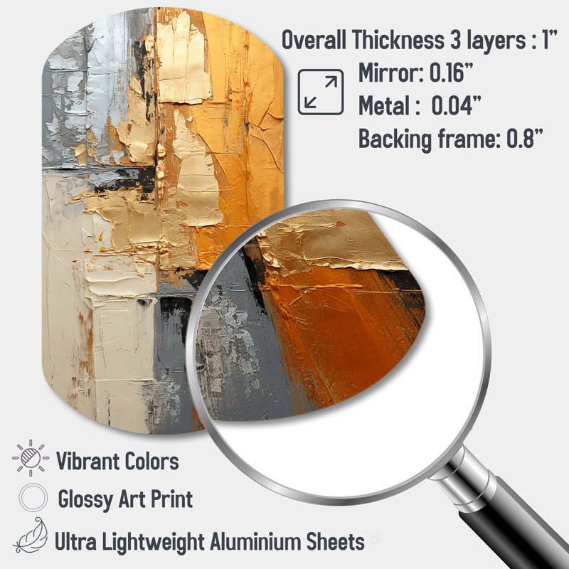 Gold Grey Gleaming Geometry XV - Cylinder Abstract Collages Metal Art, Asymmetrical Metal Wall Sculpture Print