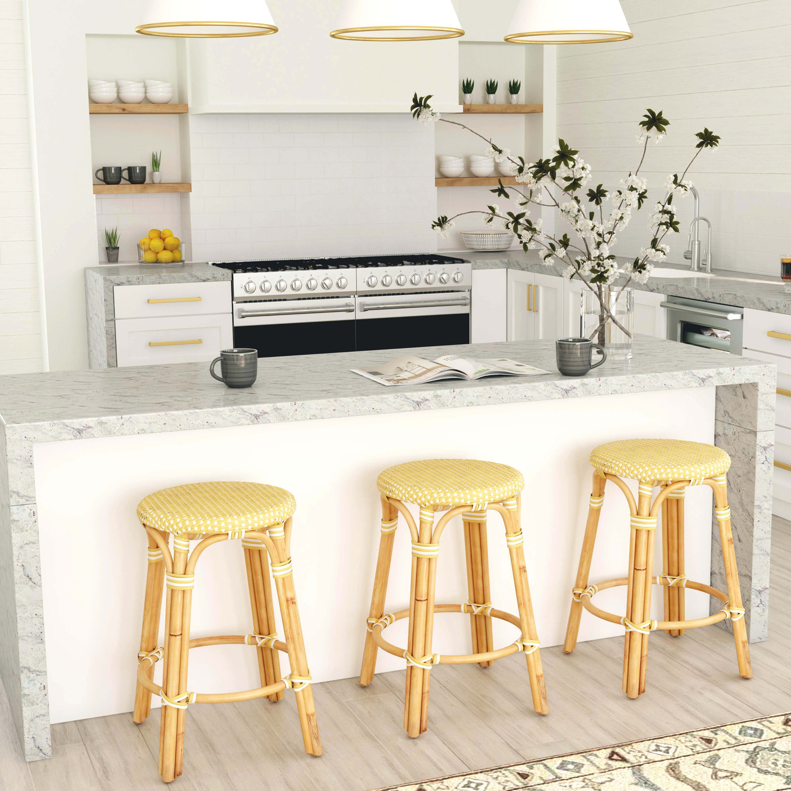 Alastair Bar & Counter Stool, Counter Stool (24" Seat Height), Yellow/White Dot/Natural Rattan Frame