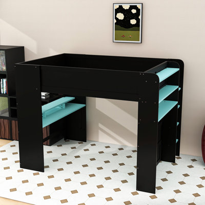 Lit superposé double en bois avec bureau, garde-robe et lumière RVB