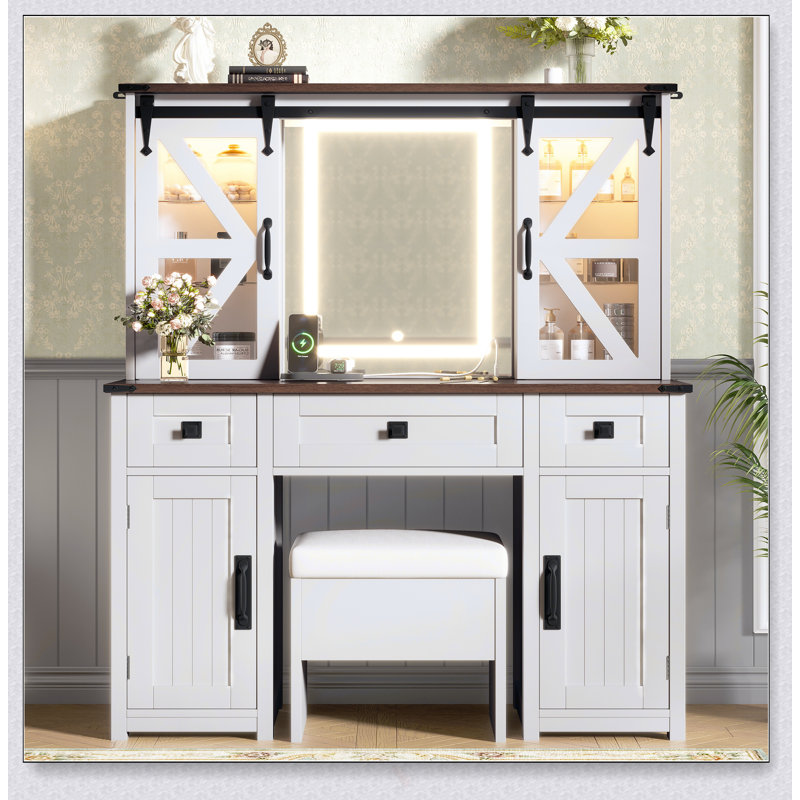 Farmhouse Makeup Vanity Desk With Lighted Mirror, Storage Stool, And Charging Station, Featuring Sliding Barn Door And Ample Storage